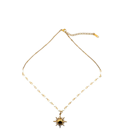 Sun Pendant Faux Pearl Station Necklace