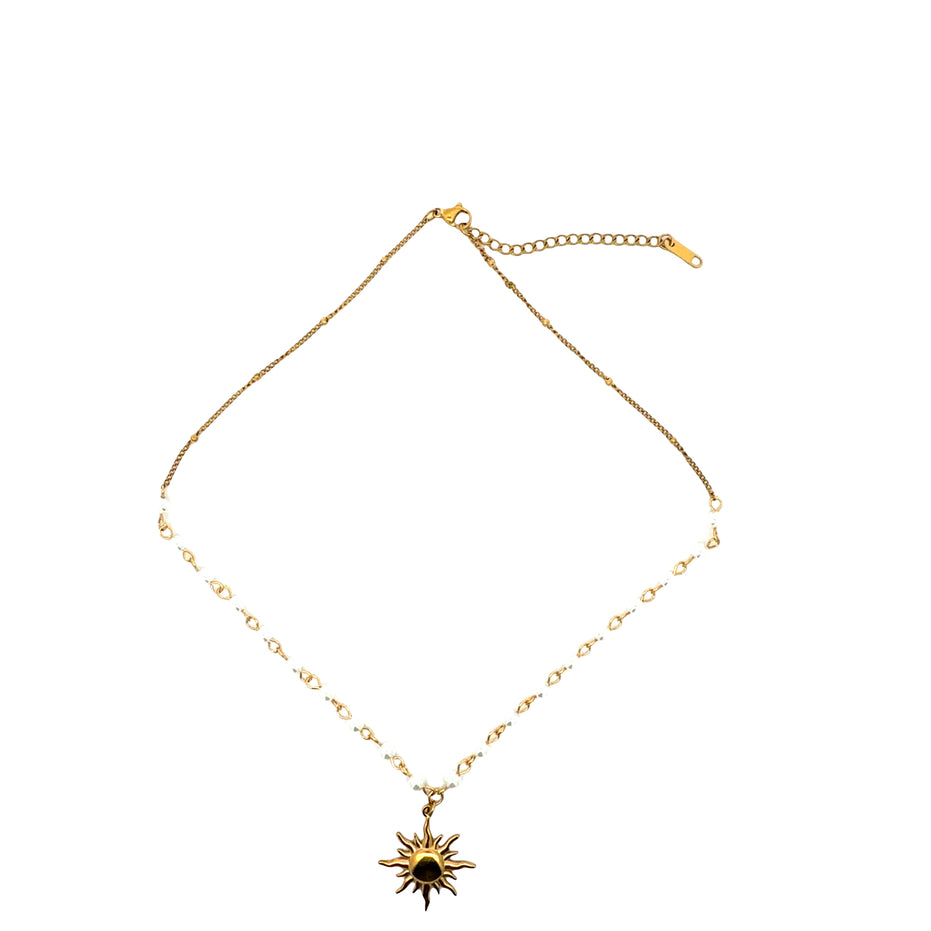 Sun Pendant Faux Pearl Station Necklace