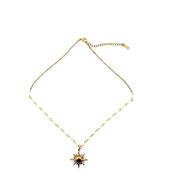 Sun Pendant Faux Pearl Station Necklace