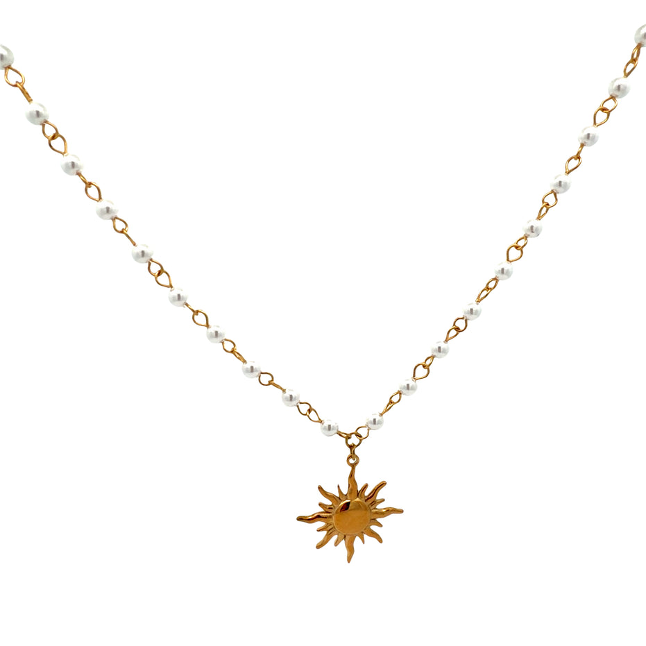 Sun Pendant Faux Pearl Station Necklace