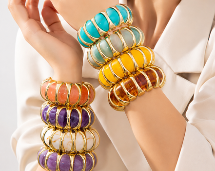 Purple Faux Pearl Geometric Stretch Bracelet