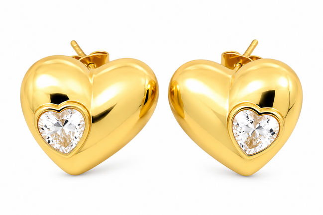 Puffed Heart Stud Earrings with Cubic Zirconia Accent