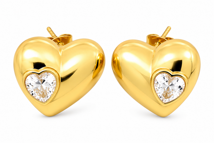 Puffed Heart Stud Earrings with Cubic Zirconia Accent