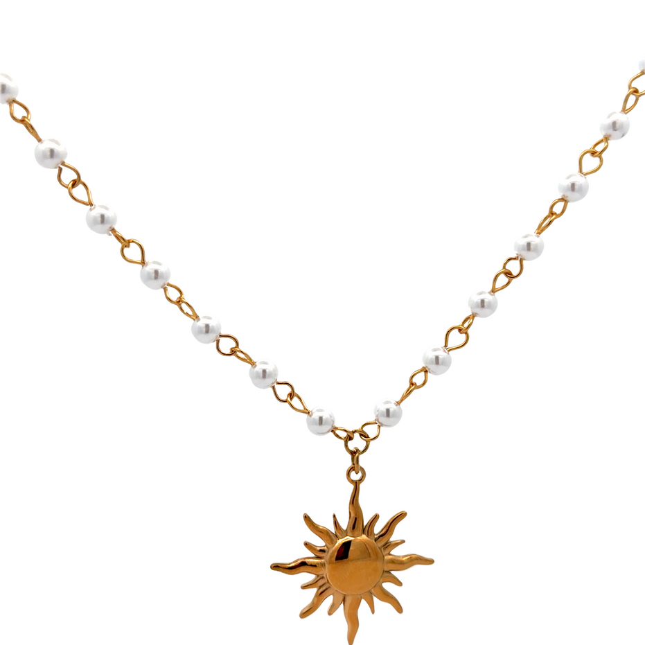 Sun Pendant Faux Pearl Station Necklace
