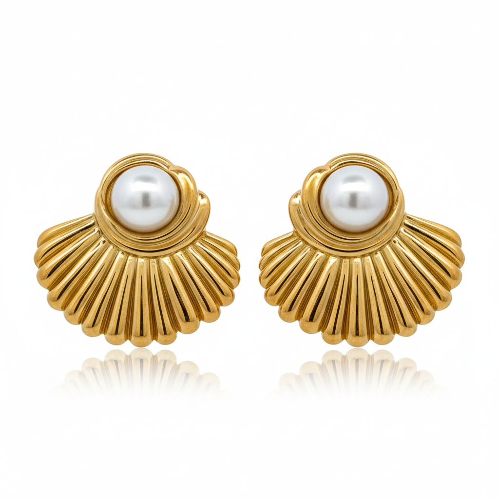 18K Yellow Gold Plated Crystal Pearl shell Stud Earrings