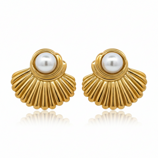 18K Yellow Gold Plated Crystal Pearl shell Stud Earrings