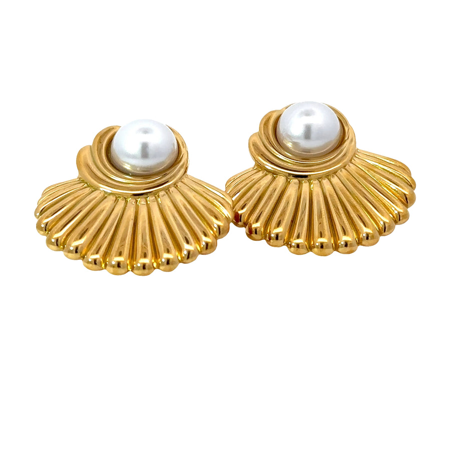 18K Yellow Gold Plated Crystal Pearl shell Stud Earrings