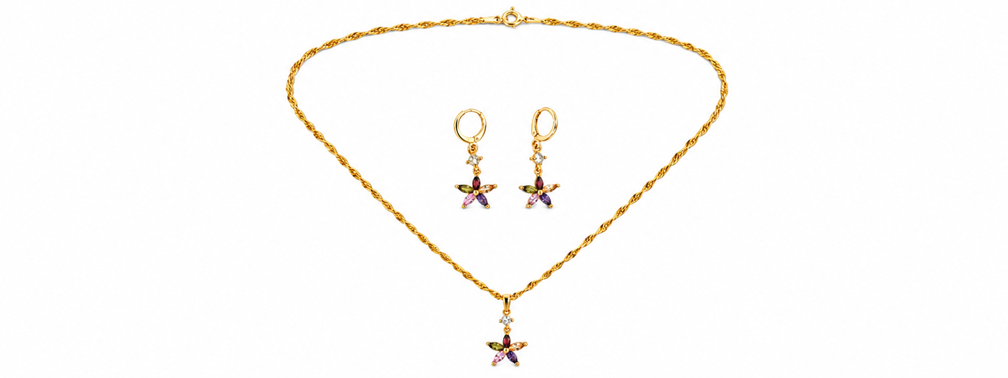 Multicolor Zircon Floral Pendant Necklace and Earring Set